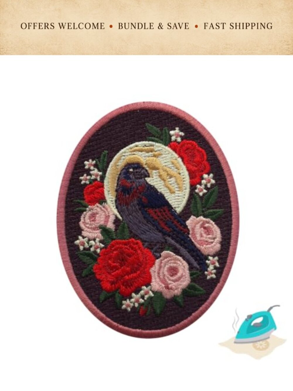 Embroidered Iron On Patch 3" Oval Gothic Applique Sew On Embellishment